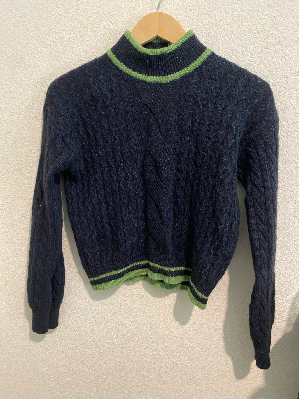 Veda Navy Cable Knit Turtleneck With Green Stripe Trim
